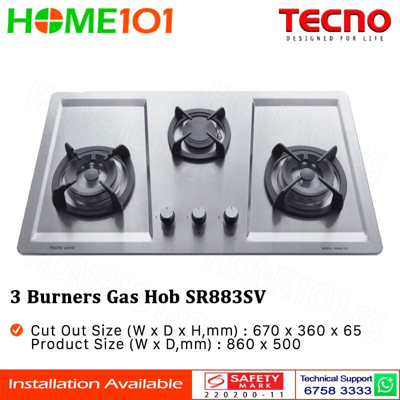 Tecno Stainless Steel Cooker Gas Hob 3 Burners SR 883SV I SR883SV - LPG / PUB - FREE INSTALLATION