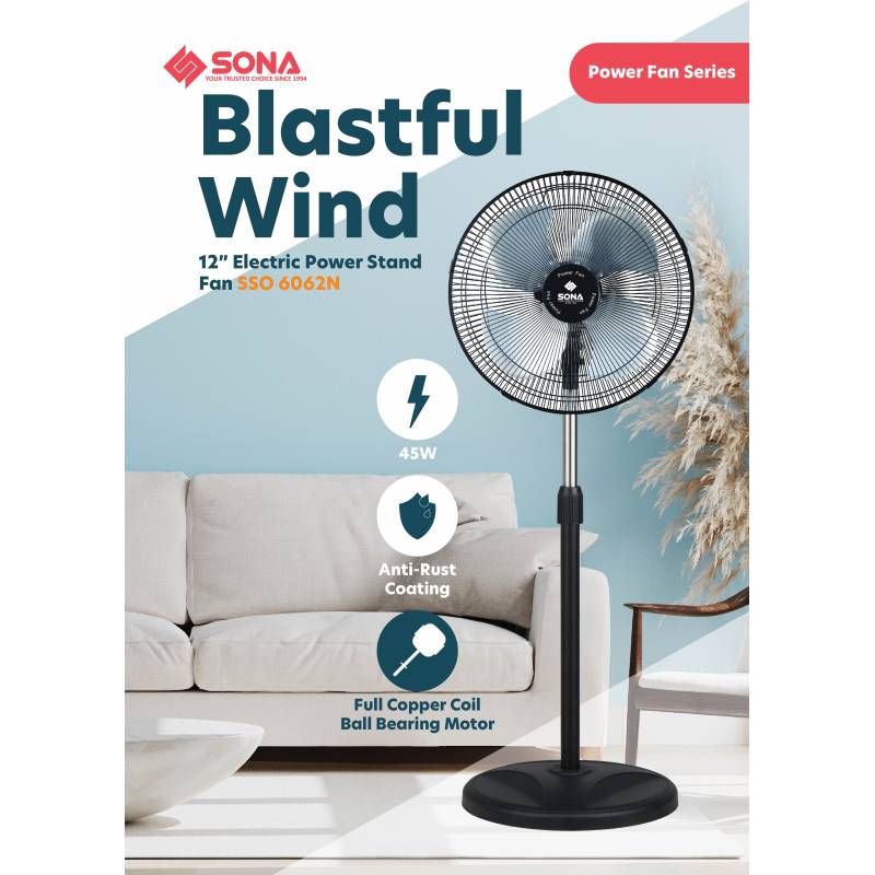 Sona Power Stand Fan 12" SSO 6062N