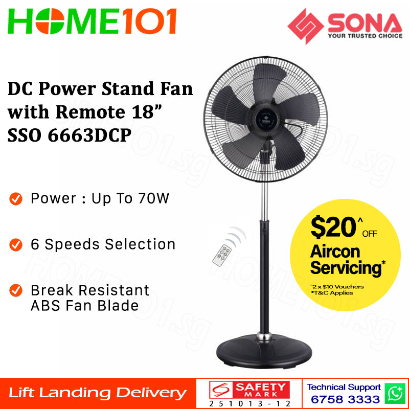 Sona DC Power Stand Fan with Remote 18" SSO 6663DCP