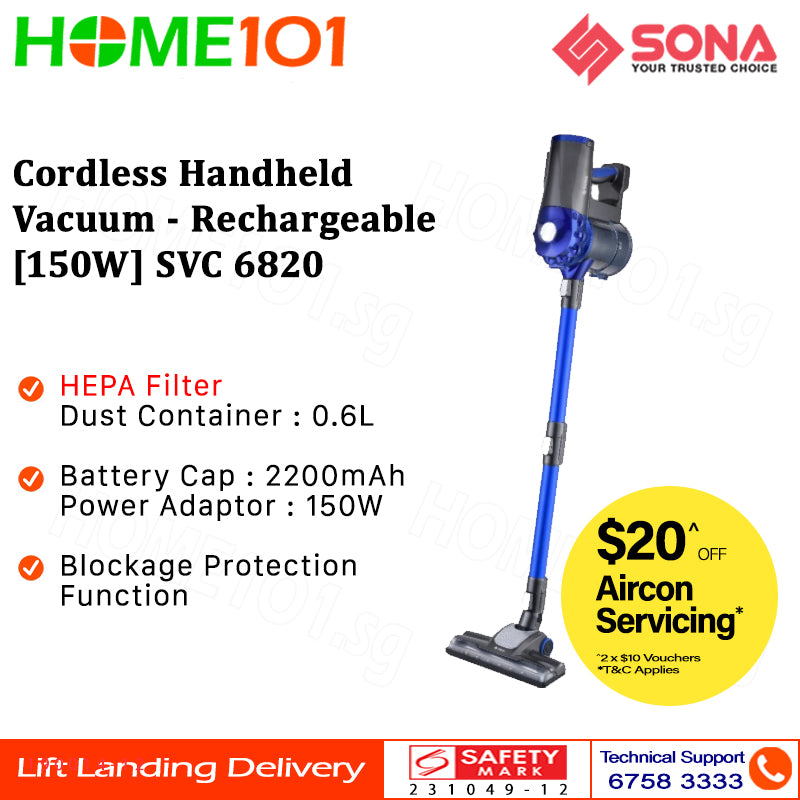 Sona Cordless Handheld Vacuum Cleaner - Rechargeable [150W] SVC 6820