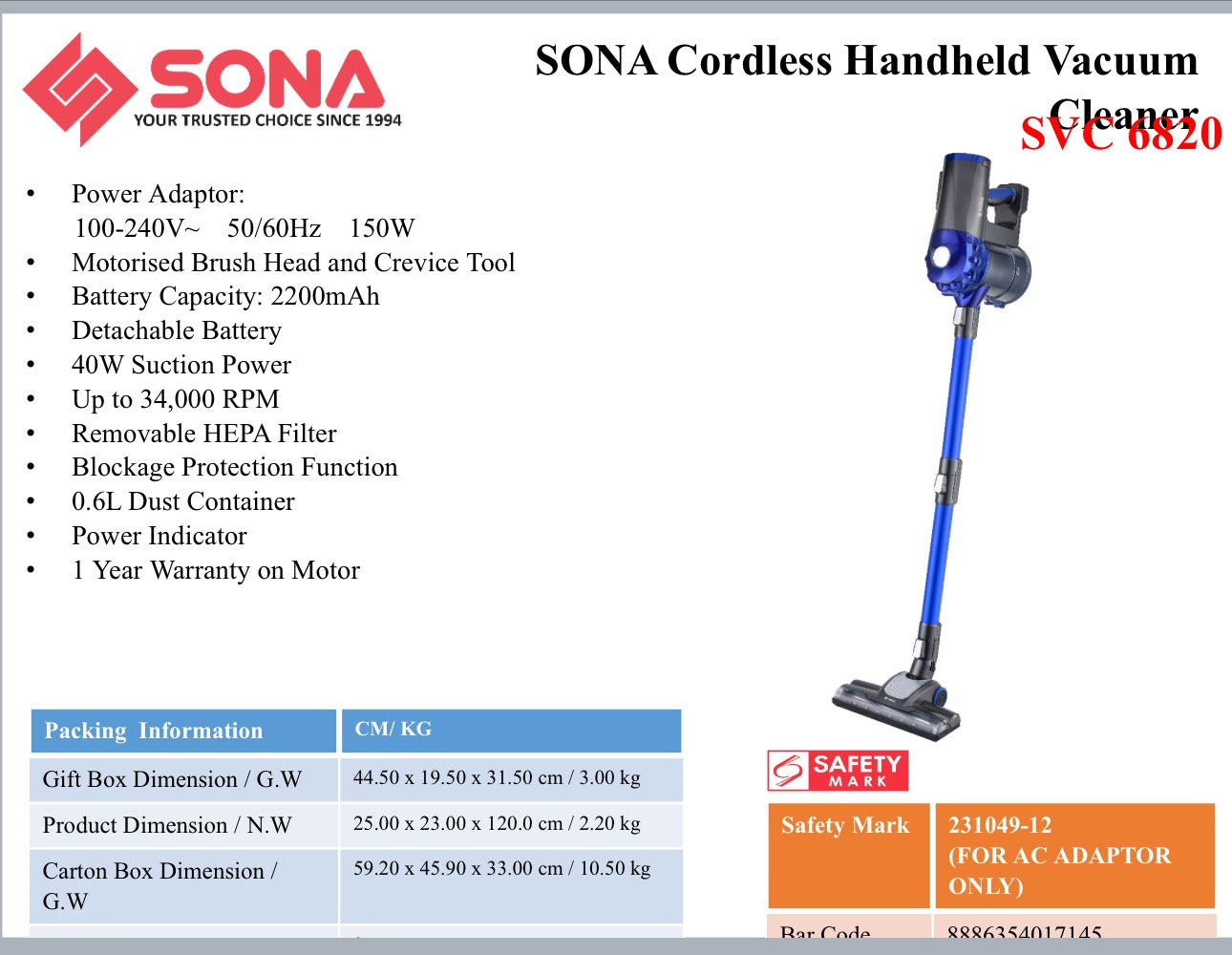 Sona Cordless Handheld Vacuum Cleaner - Rechargeable [150W] SVC 6820