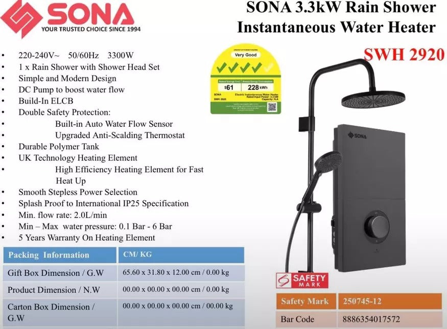 Sona Instant Water Heater with DC Pump SWH 2920