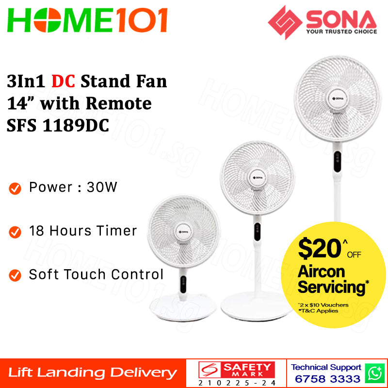 Sona 3In1 DC Stand Fan 14" with Remote SFS 1189DC