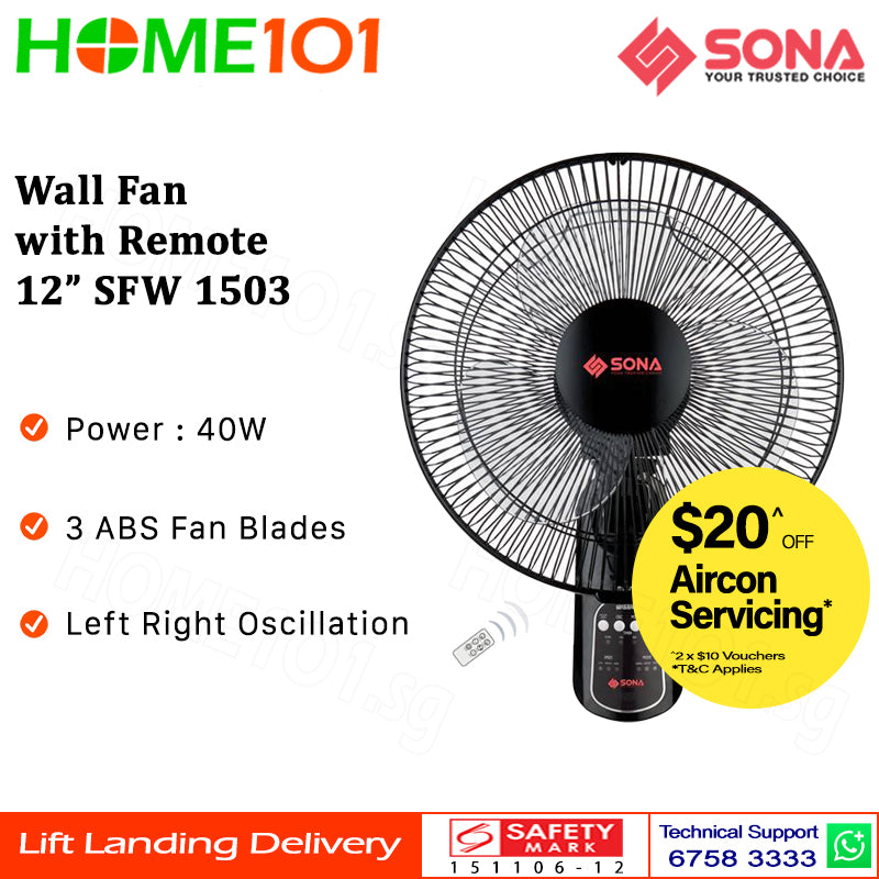 Sona Wall Fan with Remote Control 12" SFW 1503