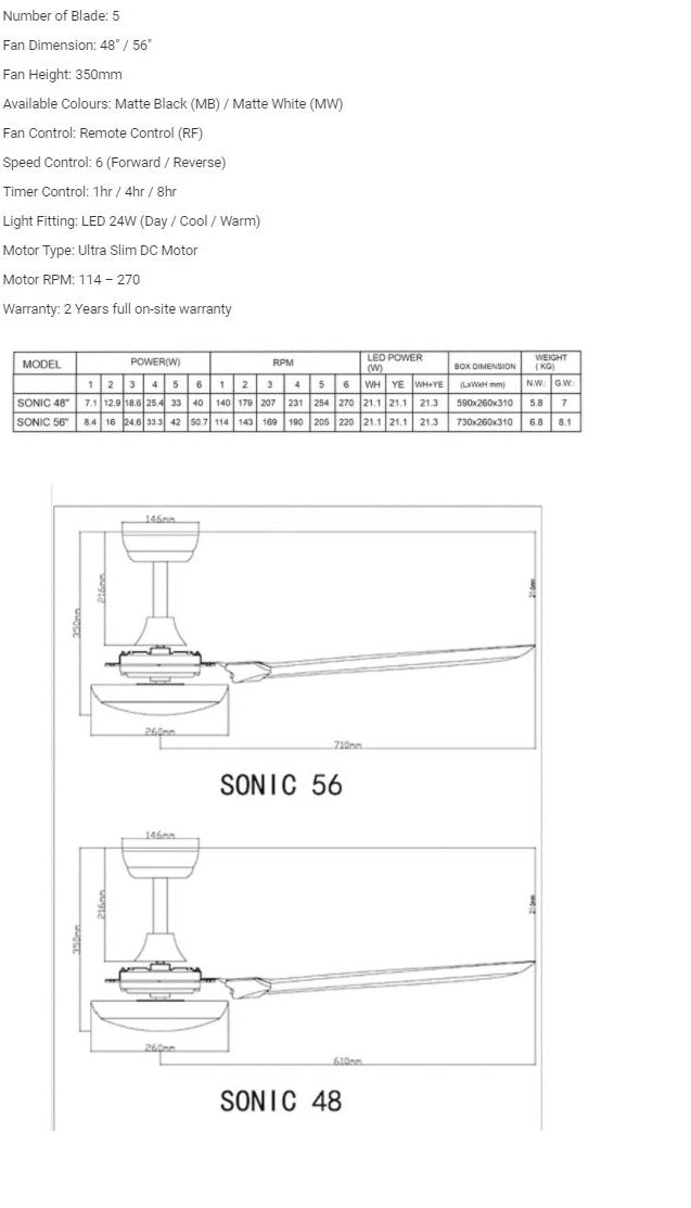 Bestar DC Motor Ceiling Fan with Remote Control & Light 48”/56” Sonic