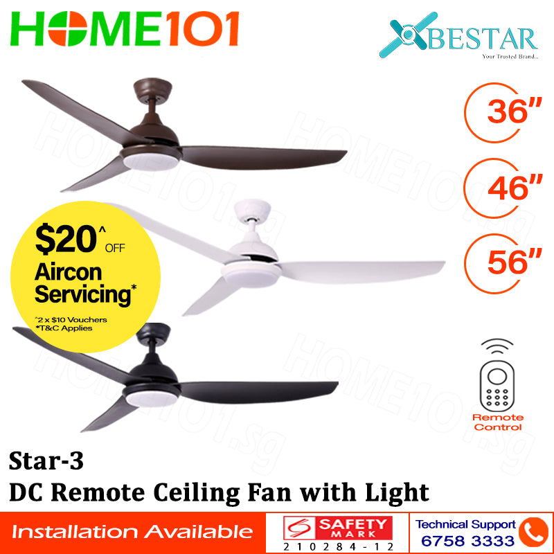 Bestar (Pre-Order) DC Motor Ceiling Fan with Remote Control & Light 36”/46”/56” Star-3