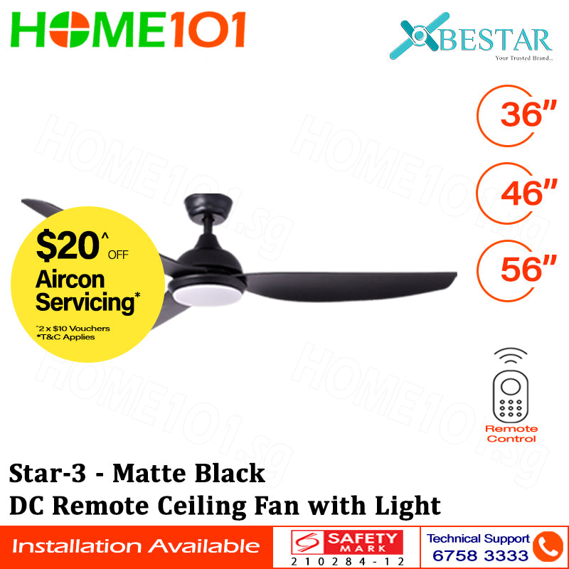 Bestar (Pre-Order) DC Motor Ceiling Fan with Remote Control & Light 36”/46”/56” Star-3