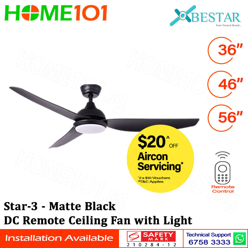 ($1 REPLACEMENT) Bestar DC Motor Ceiling Fan with Remote Control & Light 36ā/46ā/56ā Star-3