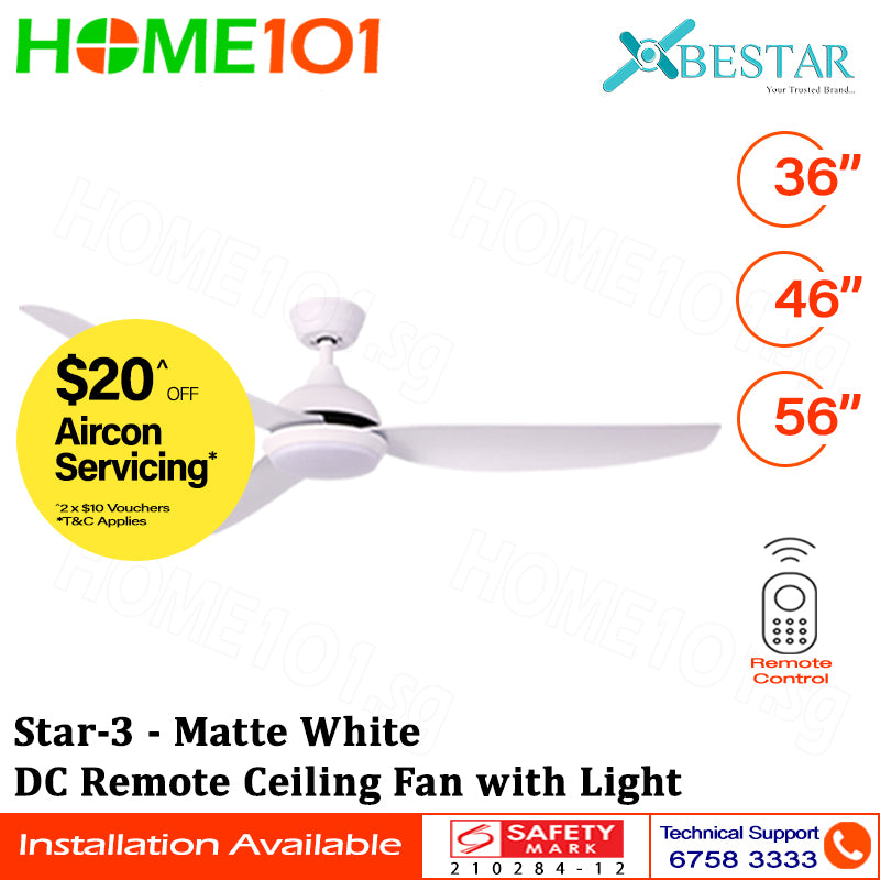 Bestar (Pre-Order) DC Motor Ceiling Fan with Remote Control & Light 36”/46”/56” Star-3