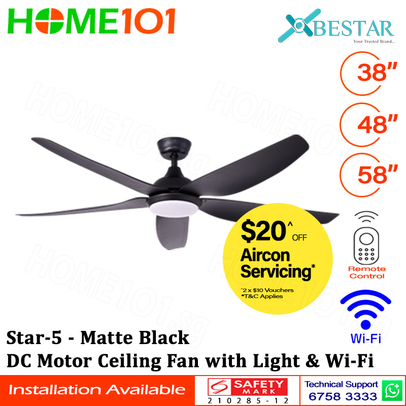 ($1 REPLACEMENT) Bestar DC Motor Ceiling Fan with Remote Control, Light & WiFi 38ā/48ā/58ā Star-5
