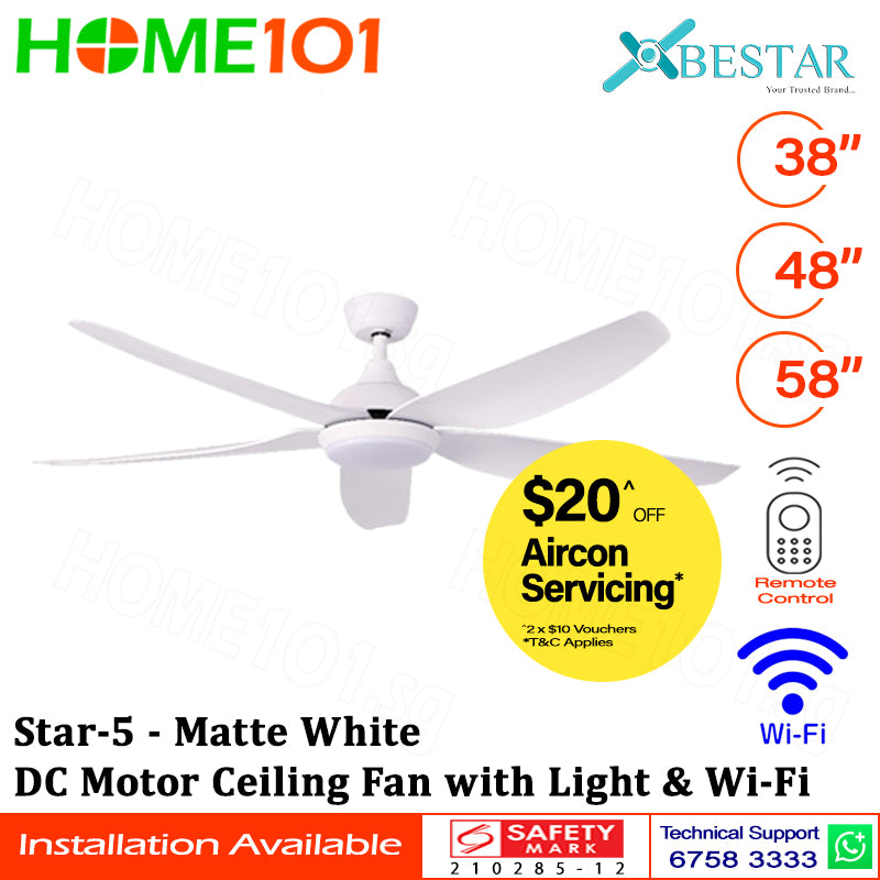 ($1 REPLACEMENT) Bestar DC Motor Ceiling Fan with Remote Control, Light & WiFi 38ā/48ā/58ā Star-5