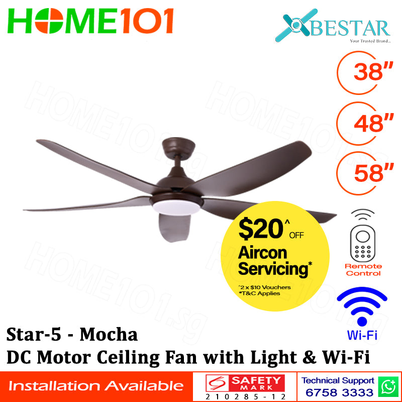 ($1 REPLACEMENT) Bestar DC Motor Ceiling Fan with Remote Control, Light & WiFi 38ā/48ā/58ā Star-5