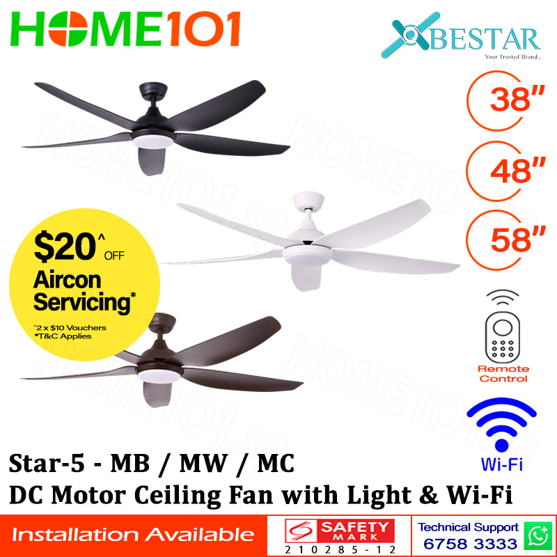 ($1 REPLACEMENT) Bestar DC Motor Ceiling Fan with Remote Control, Light & WiFi 38ā/48ā/58ā Star-5