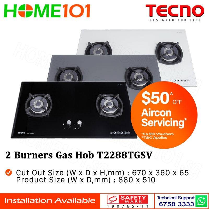 Tecno Glass Cooker Hob 2 Burners T2288TGSV - LPG / PUB - FREE INSTALLATION