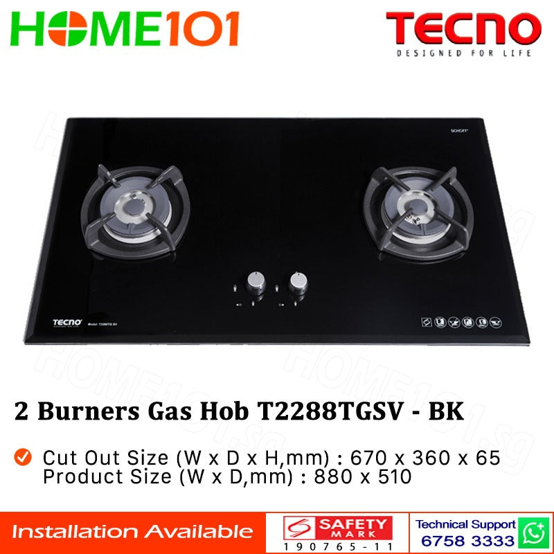 Tecno Glass Cooker Hob 2 Burners T2288TGSV - LPG / PUB - FREE INSTALLATION