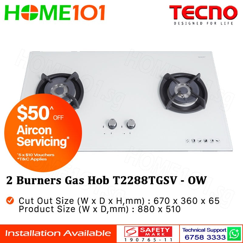 Tecno Glass Cooker Hob 2 Burners T2288TGSV - LPG / PUB - FREE INSTALLATION