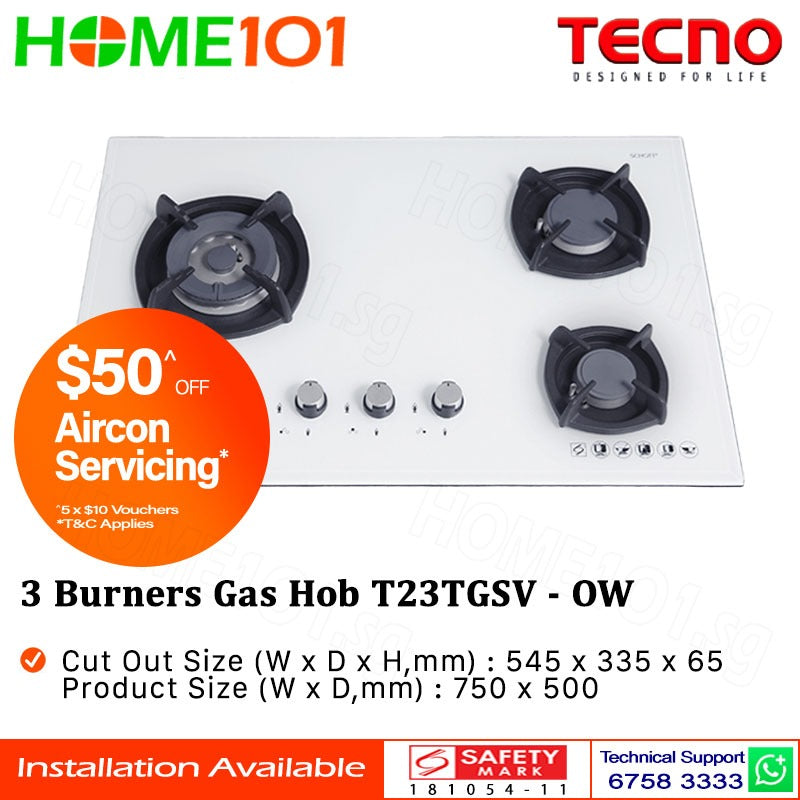 Tecno Glass Cooker Hob 3 Burners T23TGSV - LPG / PUB - FREE INSTALLATION