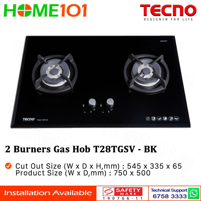 Tecno Glass Cooker Hob 2 Burners T28TGSV - LPG / PUB - FREE INSTALLATION