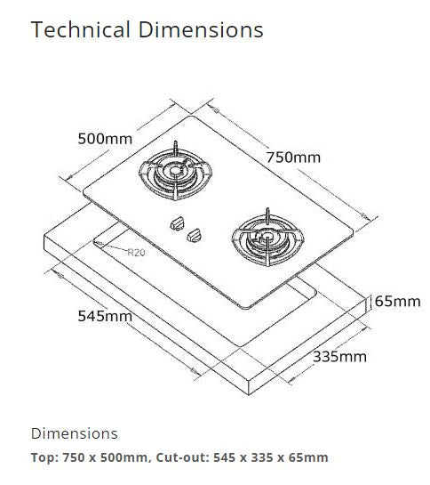 Tecno Glass Cooker Hob 2 Burners T28TGSV - LPG / PUB - FREE INSTALLATION