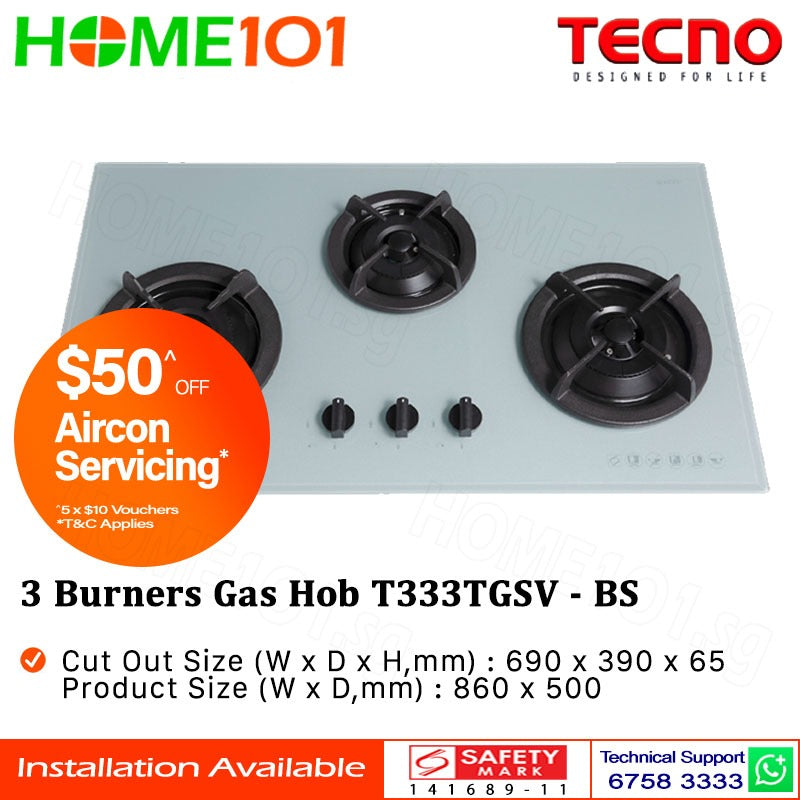 Tecno Tempered Glass Cooker Hob 3 Burners T333TGSV LPG/PUB - FREE INSTALLATION
