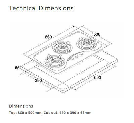 Tecno Tempered Glass Cooker Hob 3 Burners T333TGSV LPG/PUB - FREE INSTALLATION