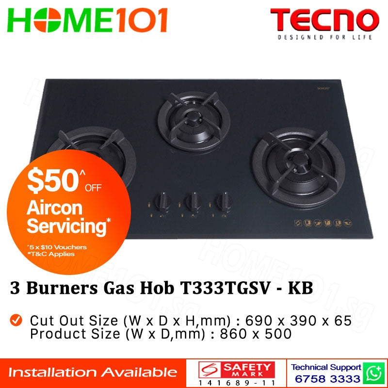 Tecno Tempered Glass Cooker Hob 3 Burners T333TGSV LPG/PUB - FREE INSTALLATION