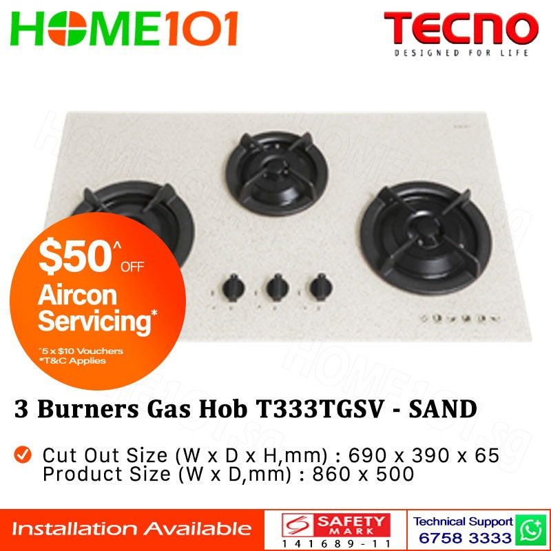 Tecno Tempered Glass Cooker Hob 3 Burners T333TGSV LPG/PUB - FREE INSTALLATION