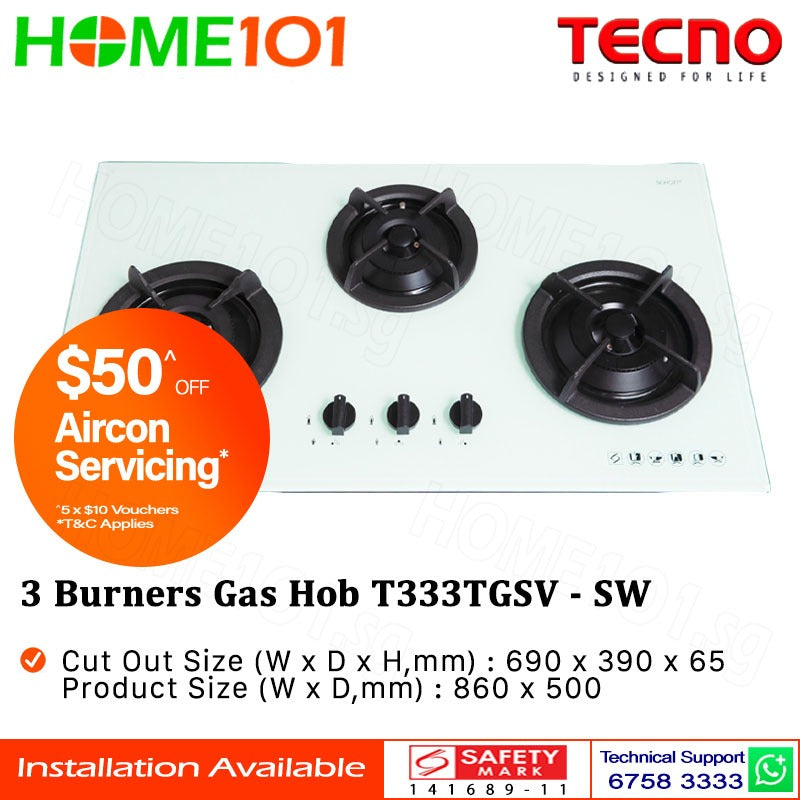 Tecno Tempered Glass Cooker Hob 3 Burners T333TGSV LPG/PUB - FREE INSTALLATION