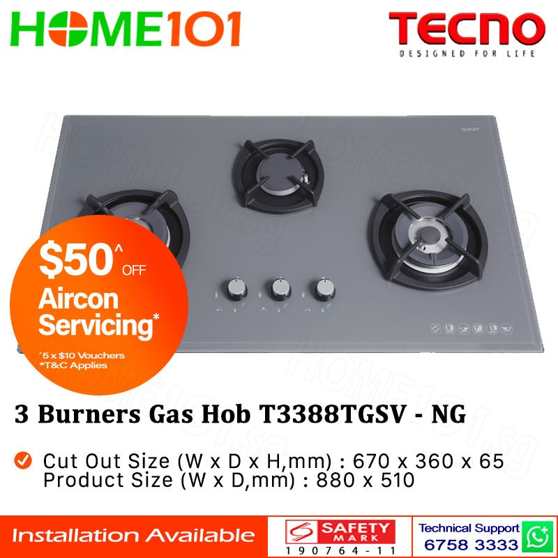 Tecno Glass Cooker Hob 3 Burners T3388TGSV - LPG / PUB - FREE INSTALLATION
