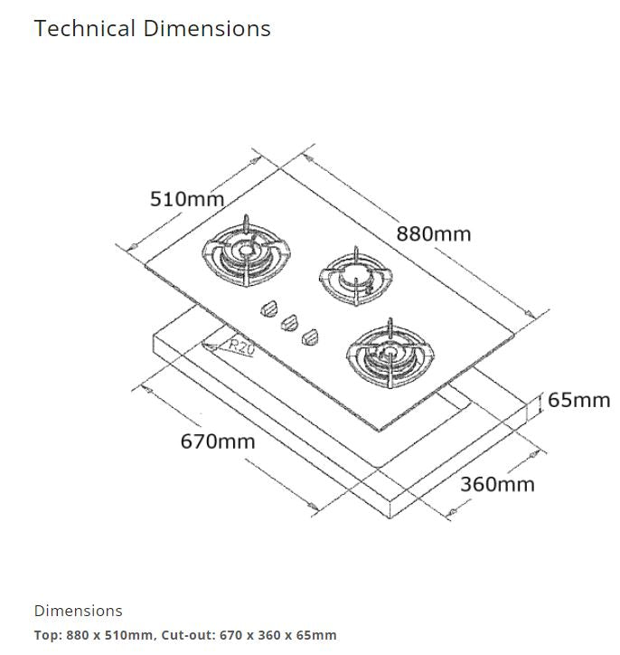 Tecno Glass Cooker Hob 3 Burners T3388TGSV - LPG / PUB - FREE INSTALLATION