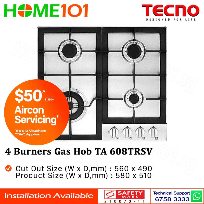 Tecno Stainless Steel Cooker Gas Hob 4 Burners TA 608TRSV || TA608TRSV - LPG / PUB - FREE INSTALLATIO