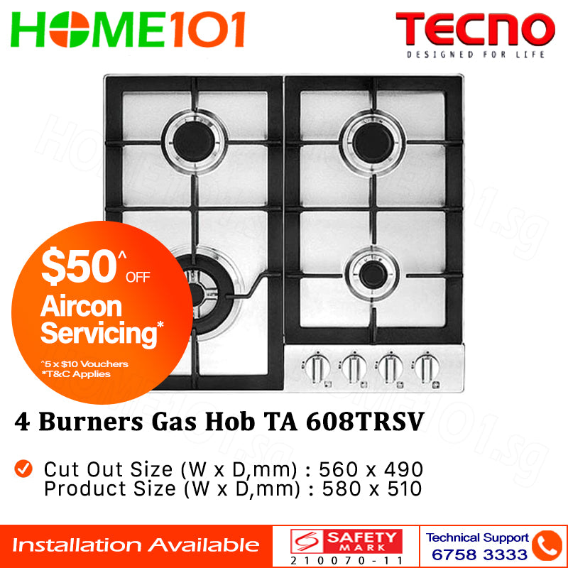 Tecno Stainless Steel Cooker Gas Hob 4 Burners TA 608TRSV || TA608TRSV - LPG / PUB - FREE INSTALLATION