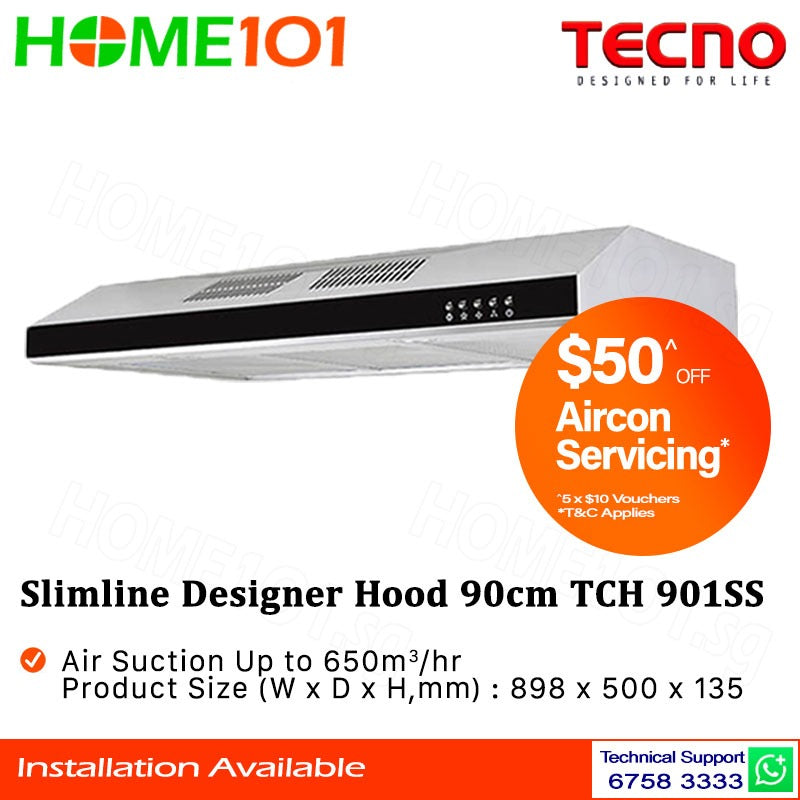 Tecno Slim Line Designer Hood 90cm TCH 901 SS / BK / WH