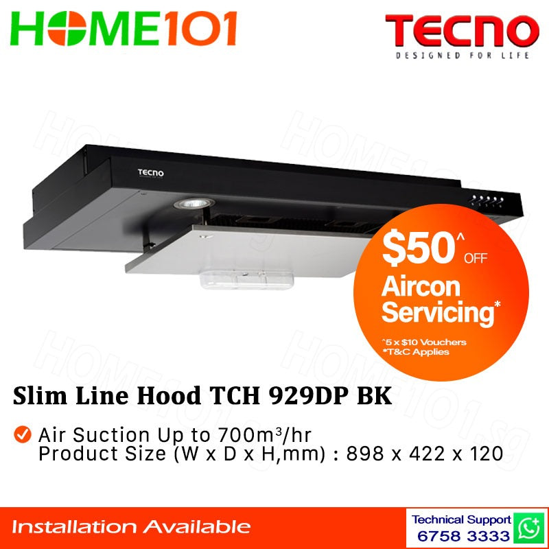 Tecno Slim Line Hood with Dyna-X Motor 90cm TCH 929DP - Black