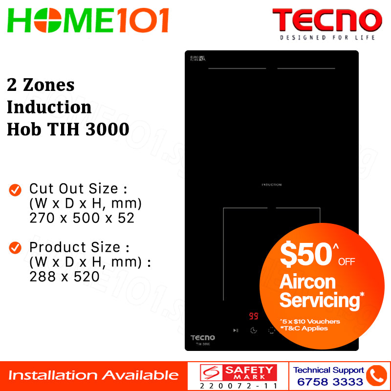 Tecno Built-In Induction 2 Zones Hob TIH 3000 - FREE INSTALLATION