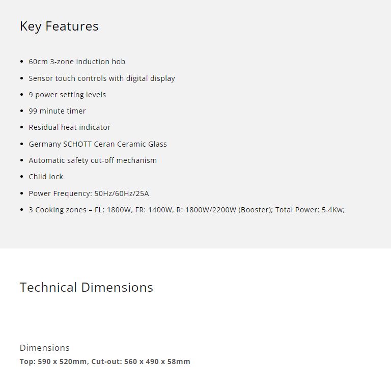 Tecno Built-In Induction Hob 3 Zones TIH 638 - FREE INSTALLATION