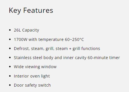Tecno Steam Oven with Grill 26L TSO 728GR