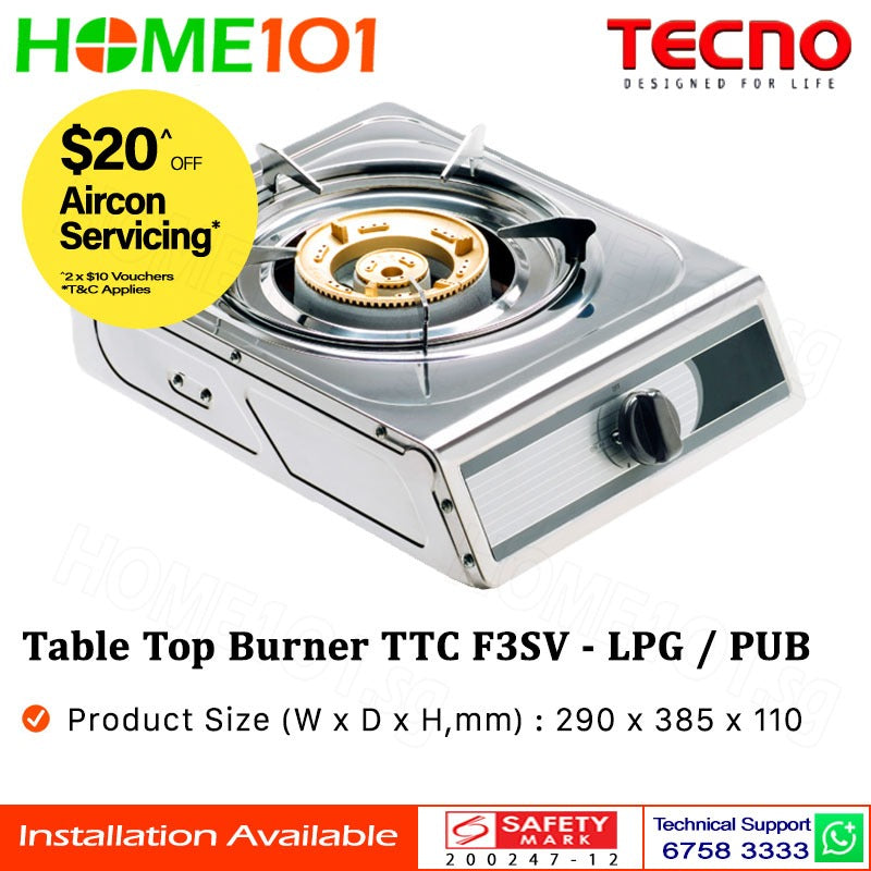 Tecno Single Burner Stainless Steel Table Cooker TTC-F3SV LPG/PUB