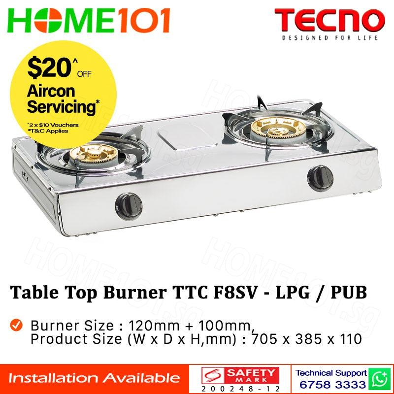 Tecno Double Burner Stainless Steel Table Top Gas Cooker TTC-F8SV PUB/LPG