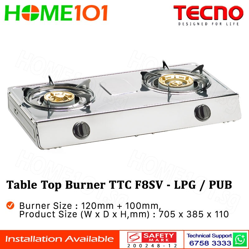 Tecno Double Burner Stainless Steel Table Top Gas Cooker TTC-F8SV PUB/LPG