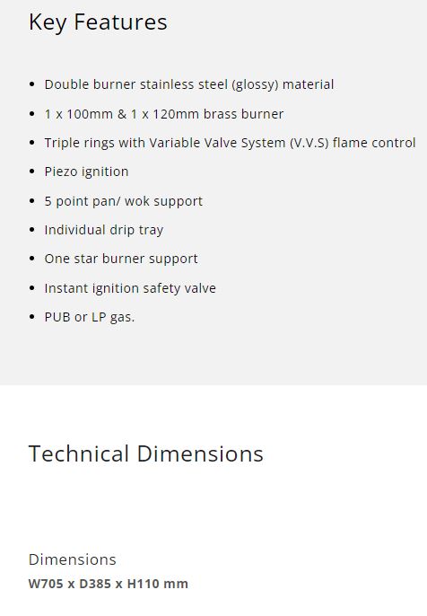 Tecno Double Burner Stainless Steel Table Top Gas Cooker TTC-F8SV PUB/LPG