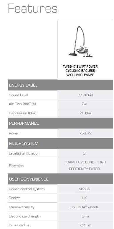 Tefal Swift Power Cyclonic Bagless Vacuum Cleaner TW2947