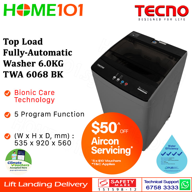 Tecno Top Load Fully Automatic Washer (6kg) TWA 6068 BK