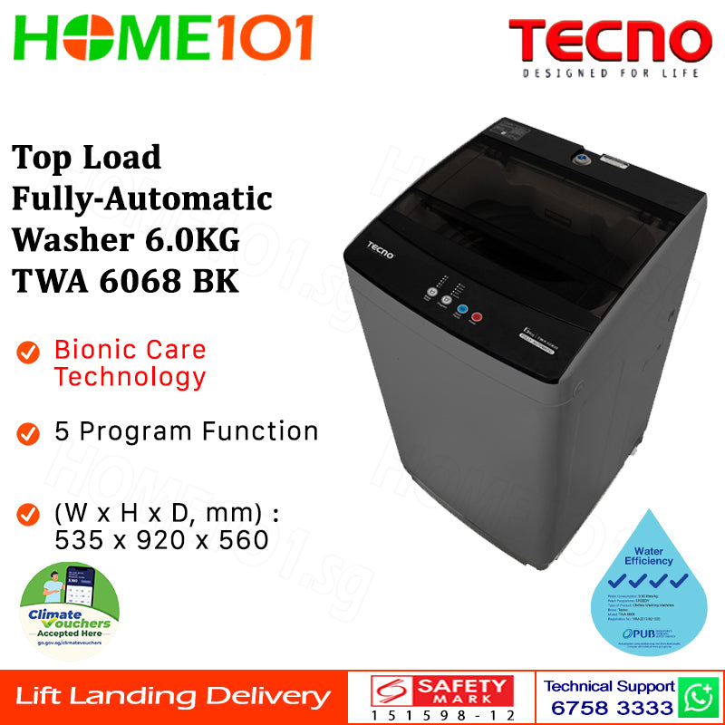 Tecno Top Load Fully Automatic Washer (6kg) TWA 6068 BK