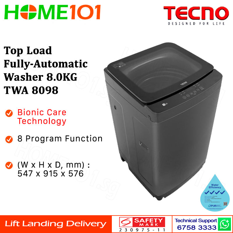 Tecno Top Load Fully Automatic Washer 8.0KG TWA 8098