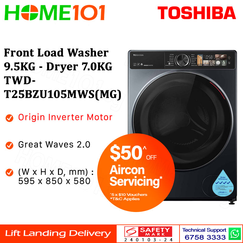 Toshiba Front Load Washer 9.5KG - Dryer 7.0KG TWD-T25BZU105MWS(MG)