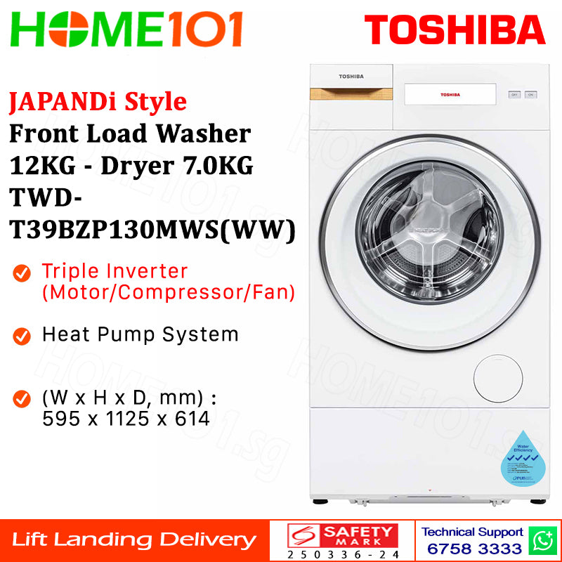 Toshiba JAPANDi Style Front Load Washer 12KG - Dryer 7.0KG TWD-T39BZP130MWS(WW)