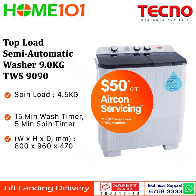Tecno Top Load Semi- Automatic Washer (9kg) TWS 9090 | TWS9090