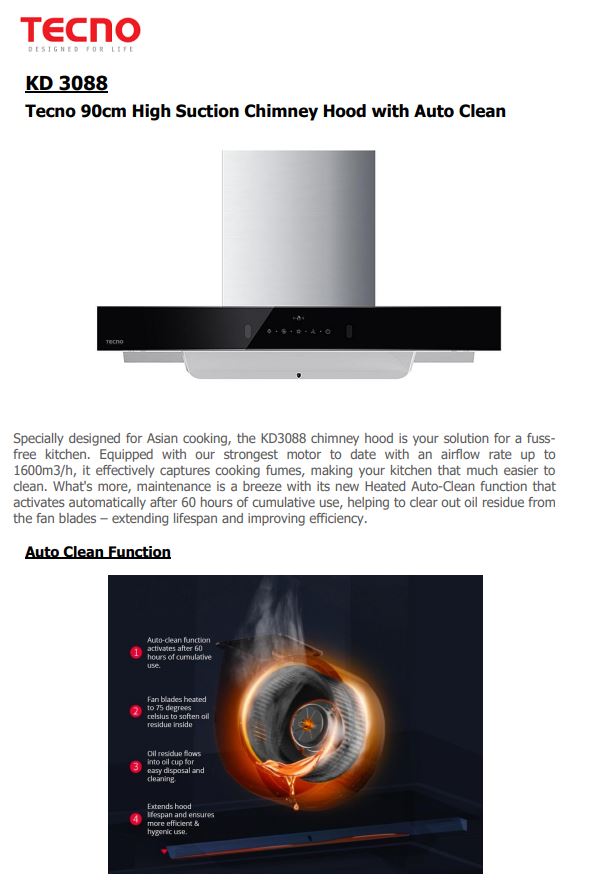 Tecno High Suction Chimney Hood 90cm KD 3088