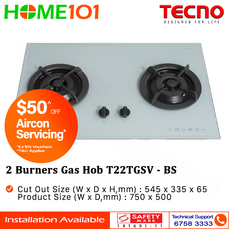 Tecno Glass Cooker Hob 2 Burners T22TGSV - LPG / PUB